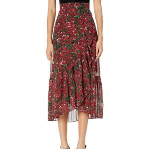 $746 The Kooples Womens Red Floral Print Pleated High Waist Ruffled Midi Skirt 1